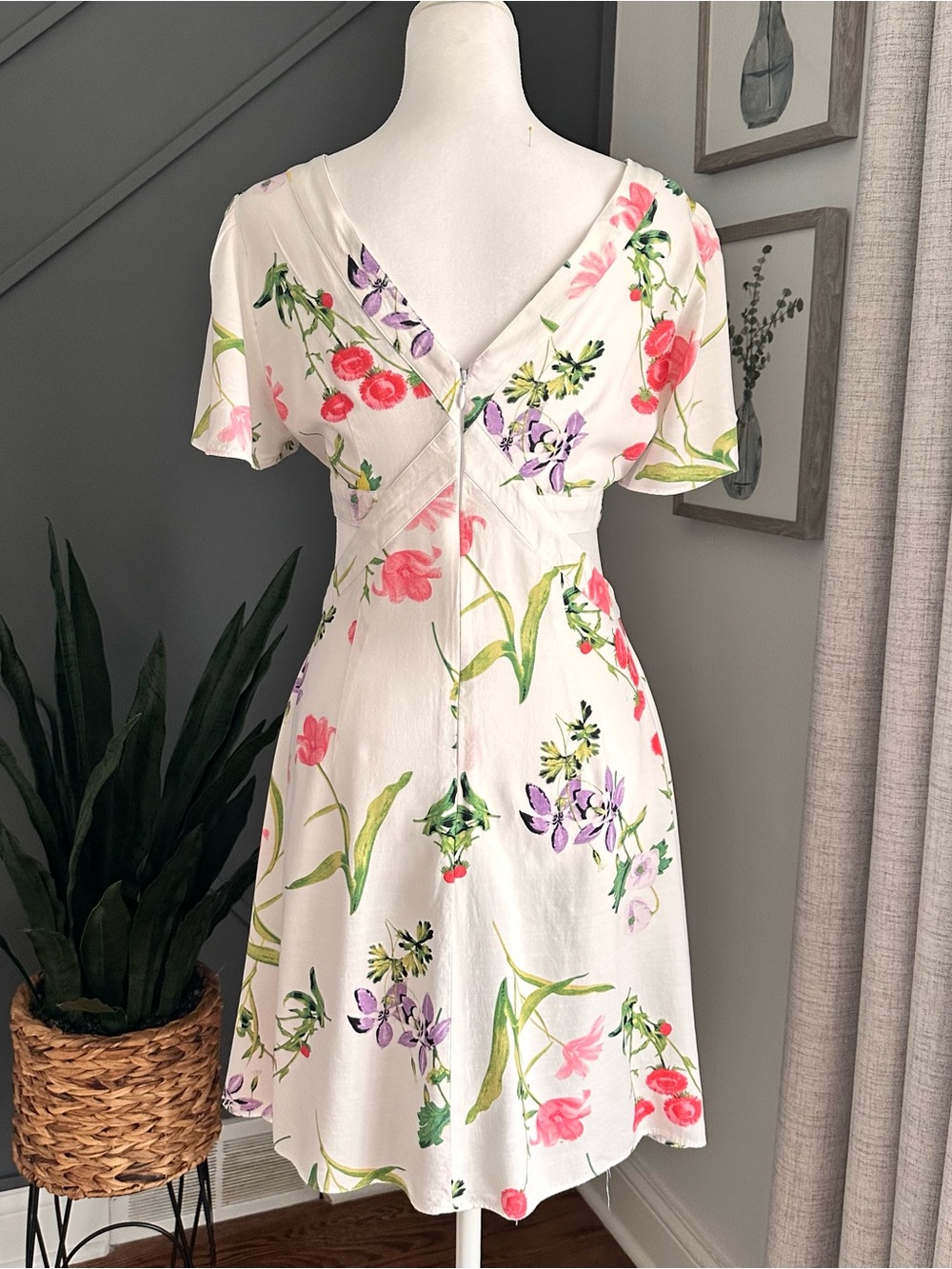 LOFT White Floral Wrap-Style Mini Dress with Pink & Green Print - Picture 5 of 8